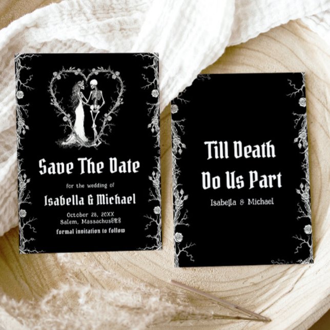Svart och Vit Halloween Gotisk Spara Datum Inbjudningar (Black and White Halloween Gothic Save The Date Invitation)