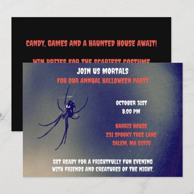 Svart och vit  Halloween Skräckinjagande svart spi Inbjudningar (Fram/baksida)