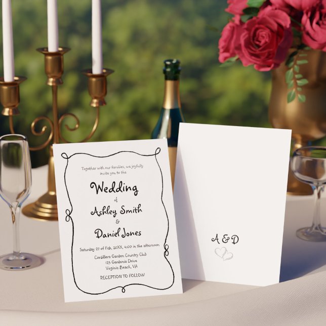 Svart och Vit Handritad Excentrisk Enkel Bröllop Inbjudningar (Black and White Hand Drawn Quirky Simple Wedding Invitation)