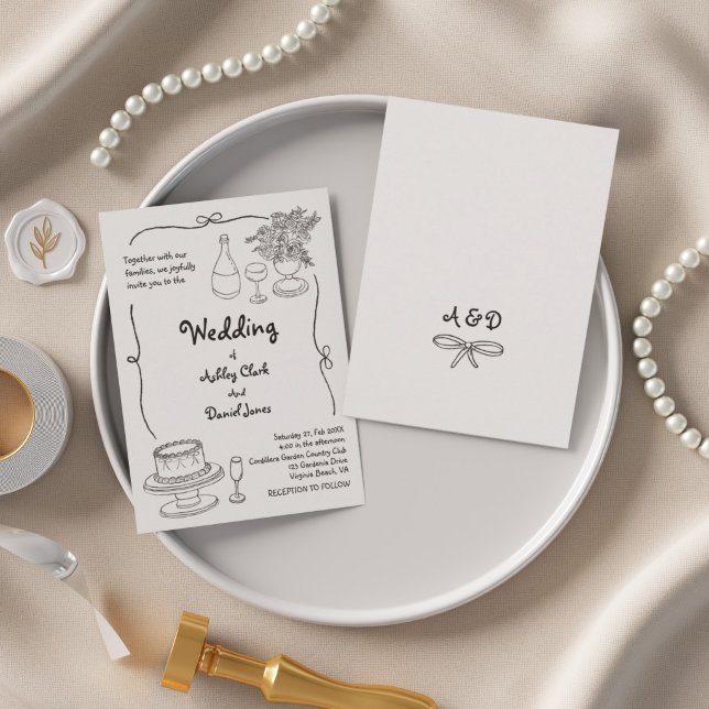 Svart och vit handritad klotter enkel bröllopsinbj inbjudningar (Black and White Hand Drawn Doodle Simple Wedding Invitation)