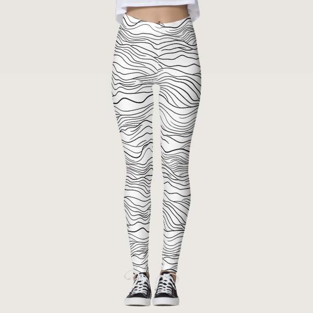 Svart och vit handritad vågig linjemönster leggings (Framsida)