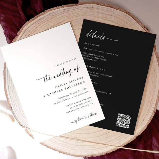 Svart och vit handskrift Allt i en bröllopsinbjuda Inbjudningar (All-in-one wedding invite with modern handwriting script and black back with white text and QR code)
