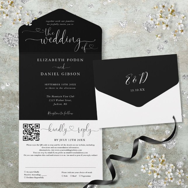 Svart och vit hjärtskrift QR-kod bröllop (Black And White Hearts Script QR Code Wedding All In One Invitation)