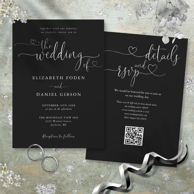 Svart och vit hjärtskrift QR-kod bröllop Inbjudningar (Black And White Heart Script QR Code Wedding Invitation)