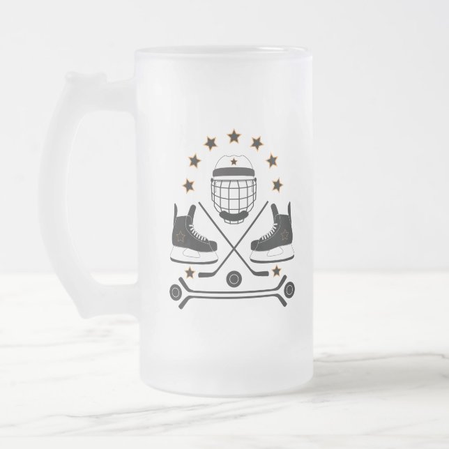 Svart och vit Hockey Sports Equipment Mönster Frostat Ölglas (Vänster)