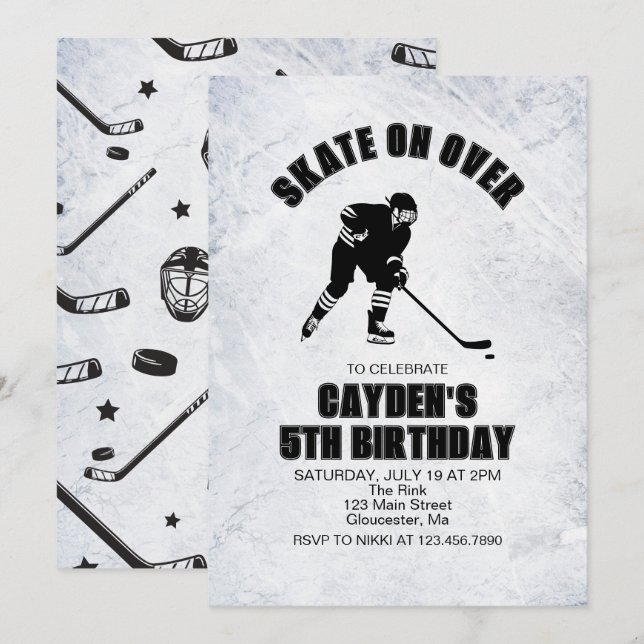 Svart och vit hockeyfödelsedag inbjudningar (Fram/baksida)
