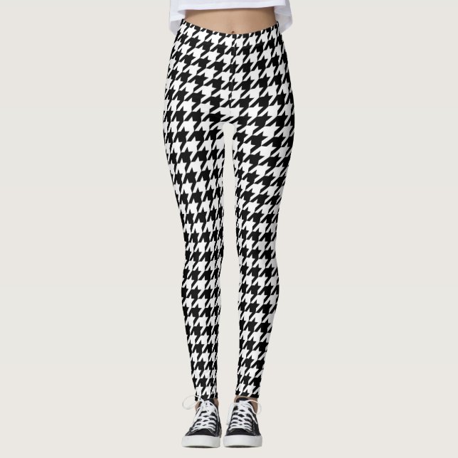 Svart och vit houndstooth-kontroll leggings (Framsida)