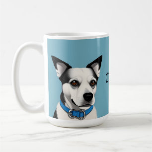 Svart och vit hund med blå halsband kaffemugg