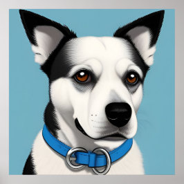 Svart och vit hund med blå halsband poster