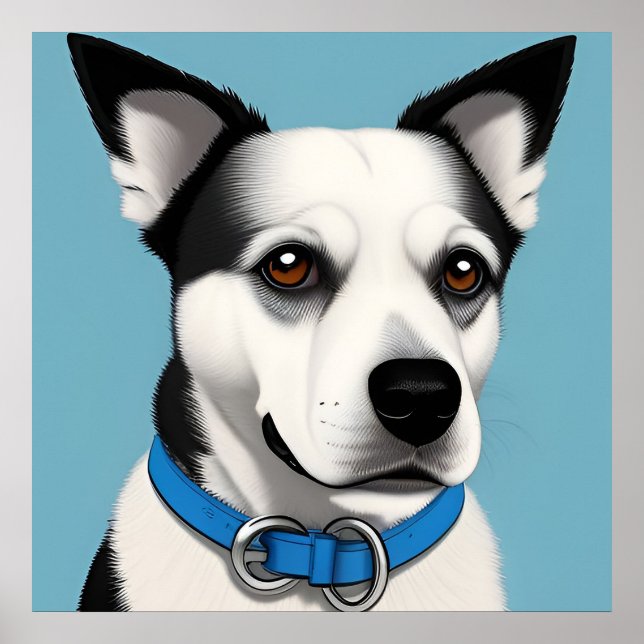 Svart och vit hund med blå halsband poster (Framsidan)