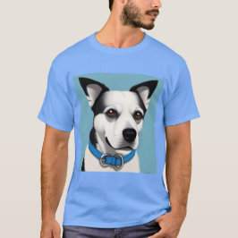 Svart och vit hund med blå halsband t shirt