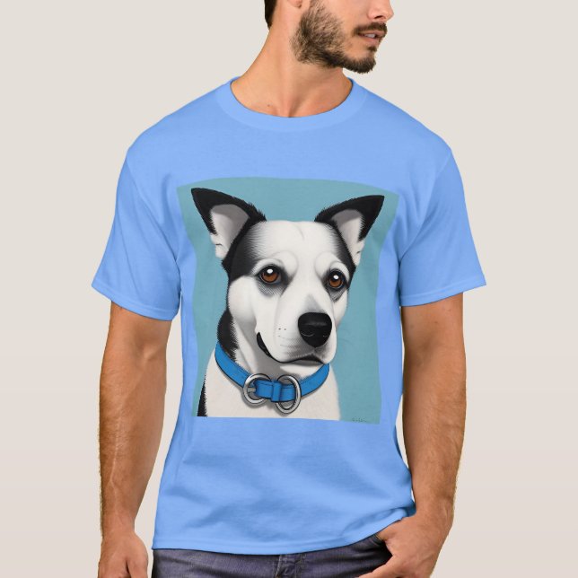 Svart och vit hund med blå halsband t shirt (Framsida)