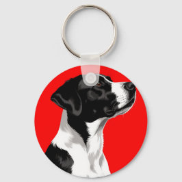 Svart och vit hund på djupröd bakgrund nyckelring