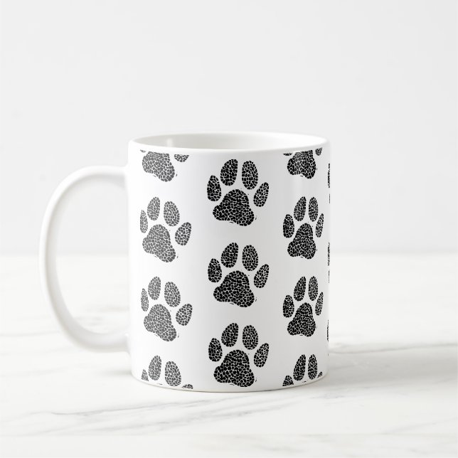 Svart och vit hundfotsavtryck Linocut Kaffemugg (Vänster)