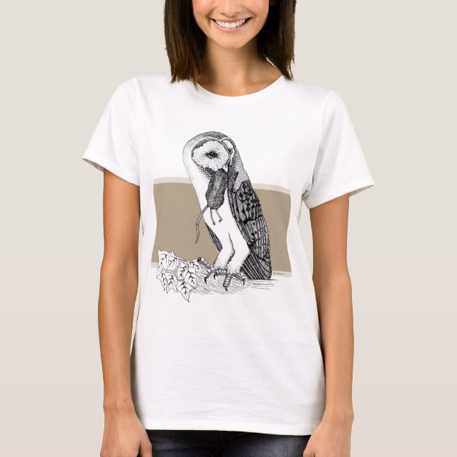 Svart och vit illustration av Barn Uggla T Shirt (Framsida)