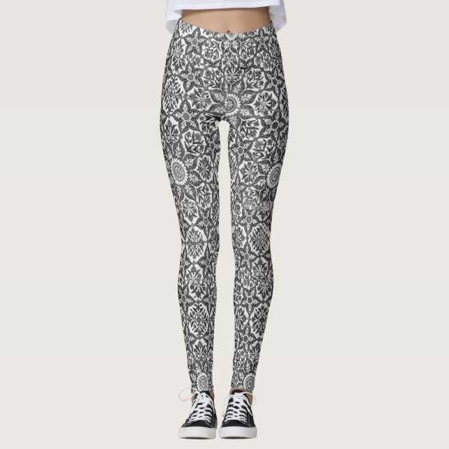Svart och vit islamisk geometri och Blommigt desig Leggings (Framsida)