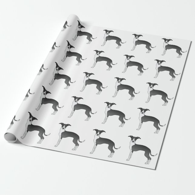 Svart Och Vit Italiensk Mops Sött Hundmönster Presentpapper (Utrullad)