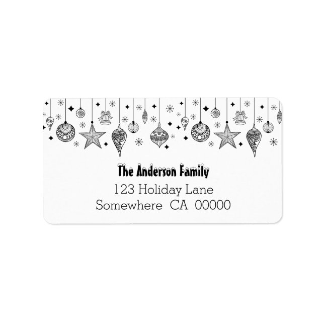 Svart och vit jul Baubles Adressetikett (Framsidan)