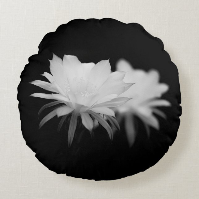 Svart och vit kaktusblomma rund kudde (Framsidan)