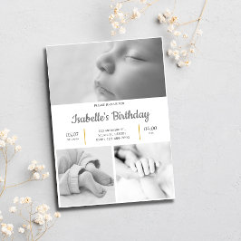 Svart och vit kallelse 1:a födelsedagsinbjudan inbjudningar