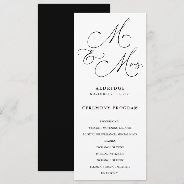 Svart Och Vit Kalligrafi Herr Och Fru Bröllop Program (Fram/baksida)