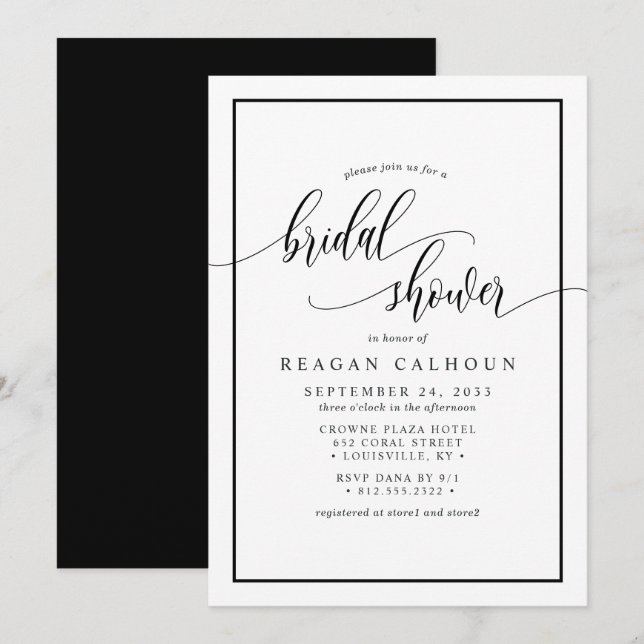 Svart Och Vit Kalligrafi Skrift Bröllopsdusch I Inbjudningar (Fram/baksida)