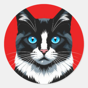 Svart och Vit Katt Blå Ögon 🐱 Livlig Katt 💙 Runt Klistermärke