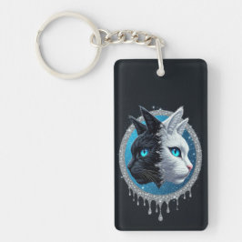 Svart och vit katt delad porträtt med blå ögon