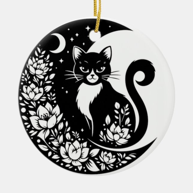 Svart och vit katt måne fönster solfångare julgransprydnad keramik (Framsidan)