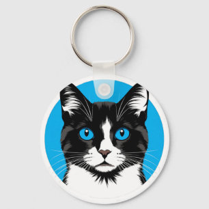 Svart och vit katt med blå ögon nyckelring
