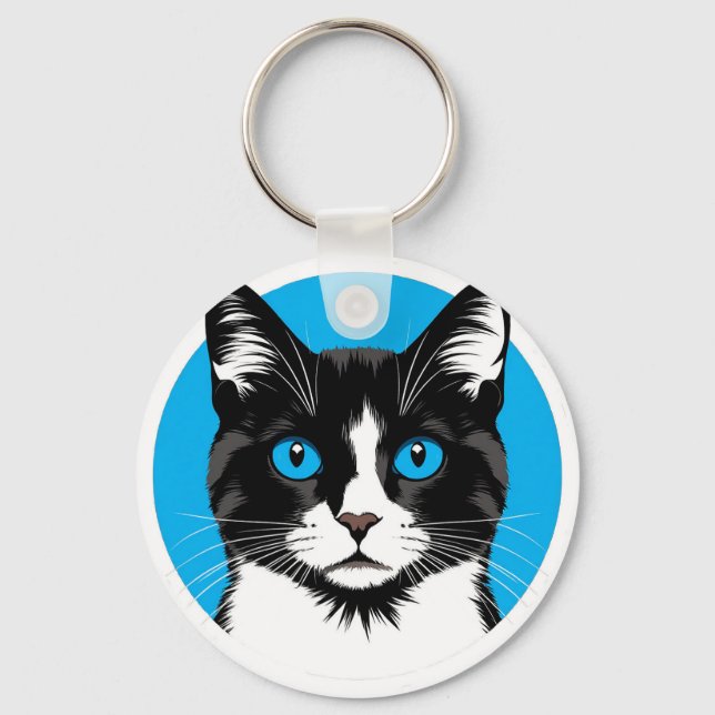 Svart och vit katt med blå ögon nyckelring (Framsida)