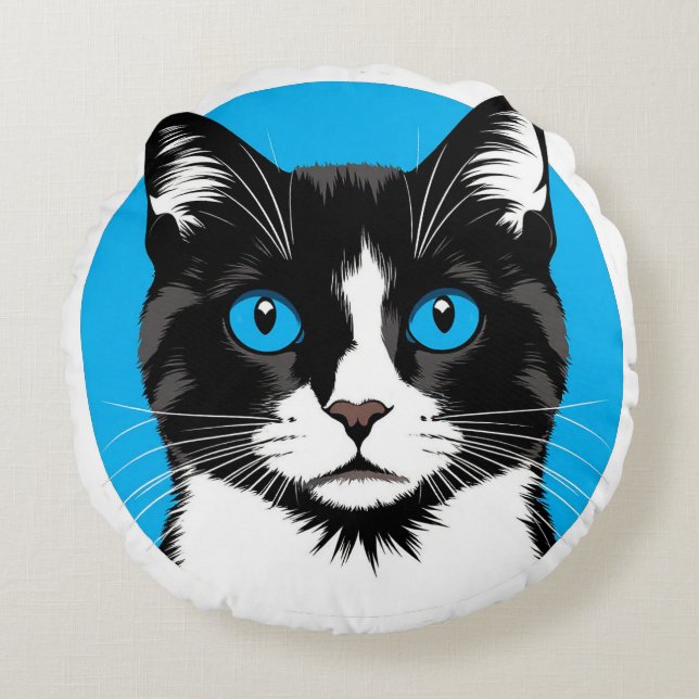 Svart och vit katt med blå ögon rund kudde (Framsidan)