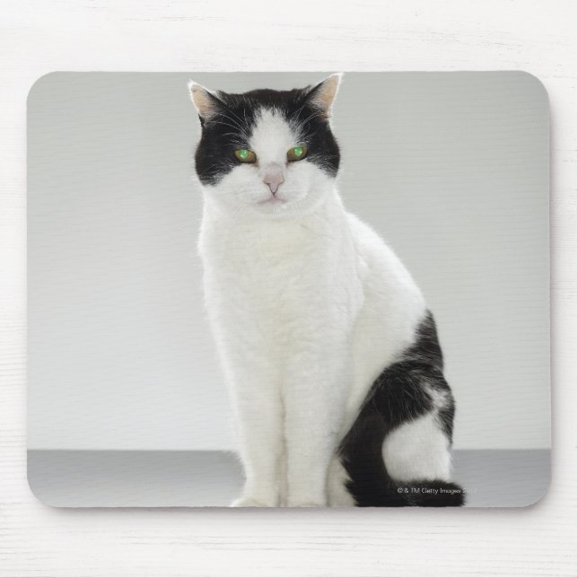 Svart och vit katt med glansande grönt öga musmatta (Framsidan)