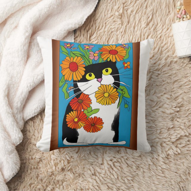 Svart och vit katt med gula blommor kudde (Filt)