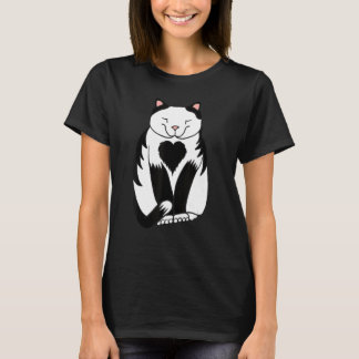 Svart och vit katt med hjärta på bröstet Söt anima T Shirt