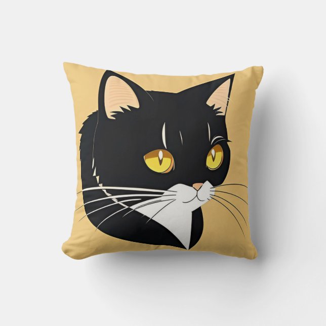 Svart Och Vit Katt Med Klargula Ögon Kudde (Framsida)