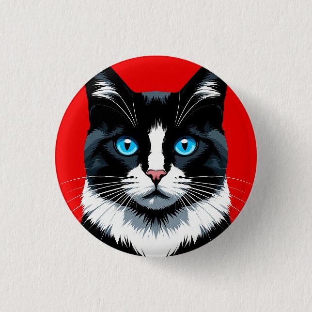 Svart och vit katt med levande blå ögon knapp (Framsida)