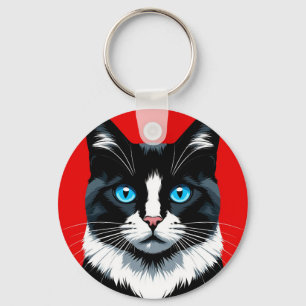 Svart och vit katt med levande blå ögon nyckelring