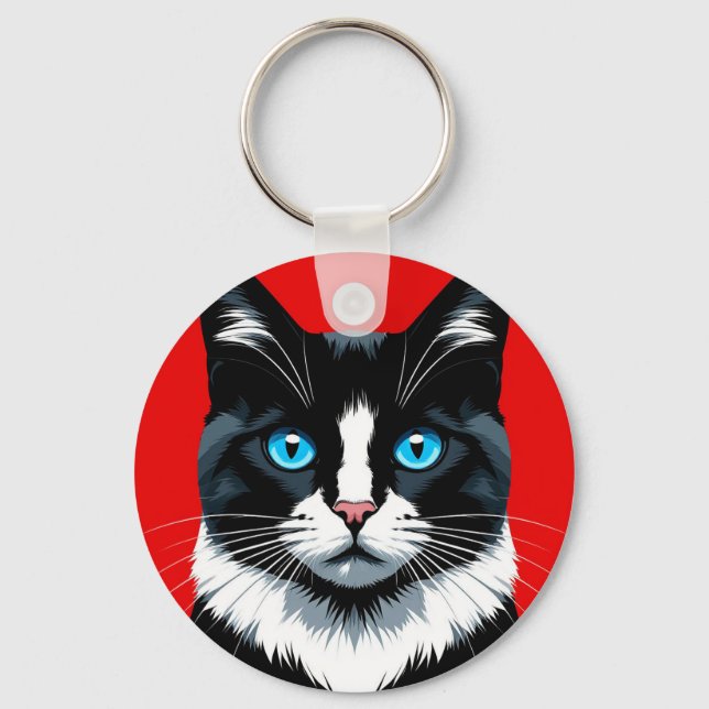Svart och vit katt med levande blå ögon nyckelring (Framsida)