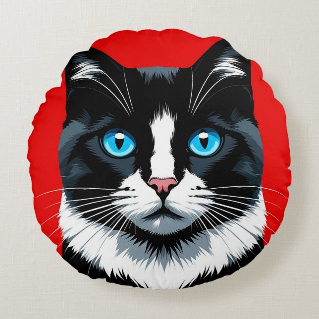 Svart och vit katt med levande blå ögon rund kudde (Framsidan)