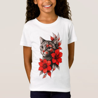 Svart och vit katt med ljusröda blommor småbarn t shirt