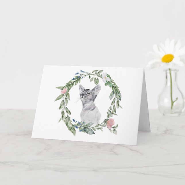 Svart och vit katt Vattenfärg Grön Rosa Blommig  Kort (Liten växt)
