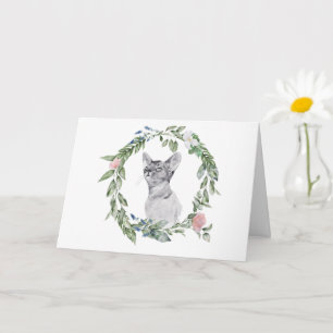 Svart och vit katt Vattenfärg Grön Rosa Blommig Kort