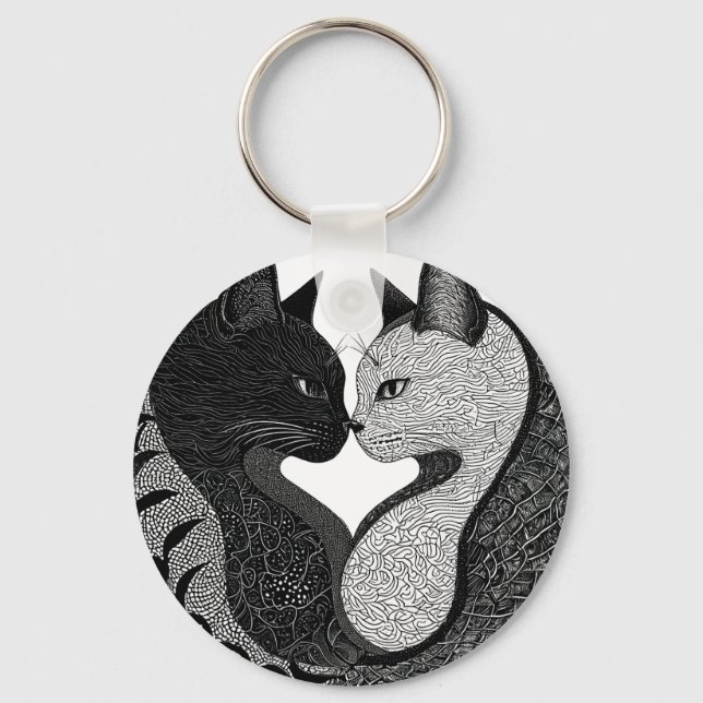 Svart och vit katt Yin Yang-symbol Nyckelring (Framsida)