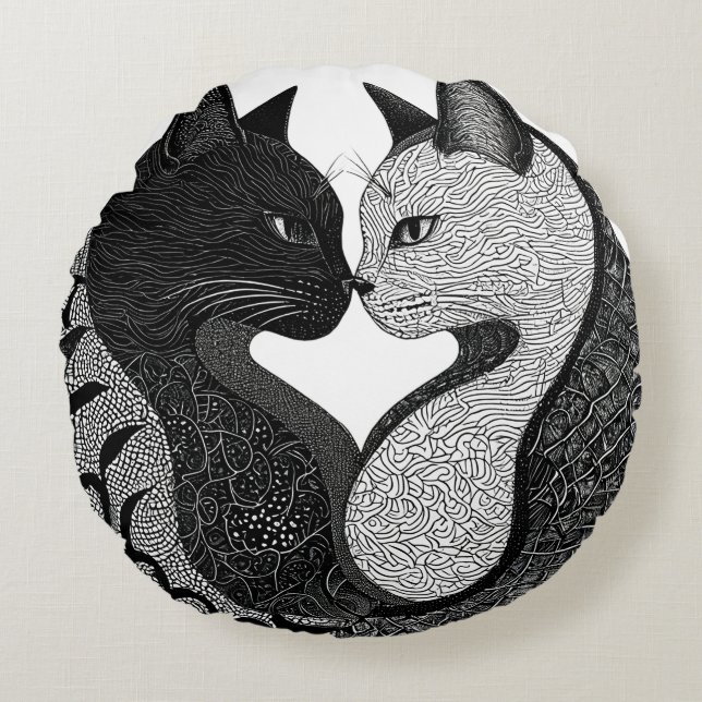 Svart och vit katt Yin Yang-symbol Rund Kudde (Framsidan)