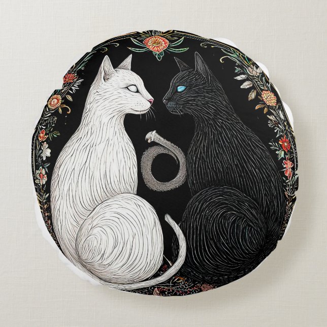 Svart och vit katt Yin Yang-symbol Rund Kudde (Framsidan)