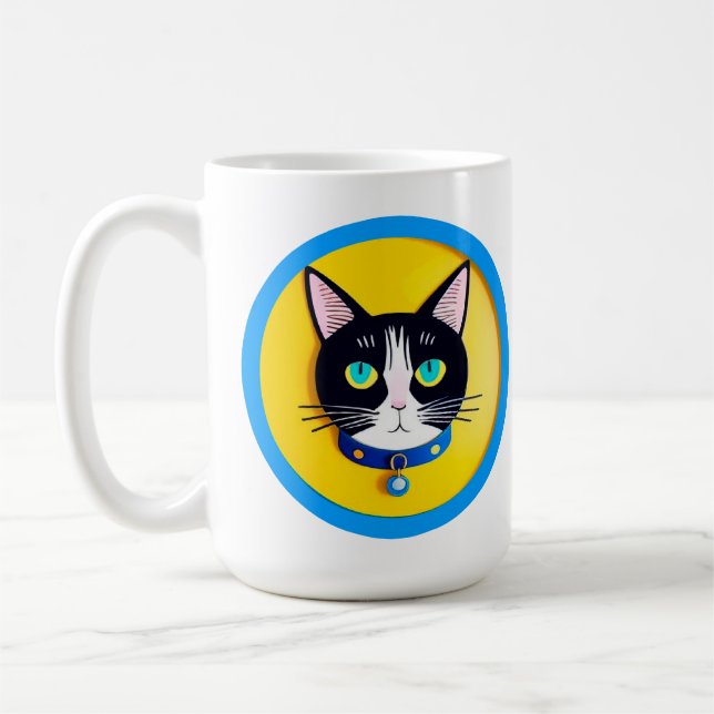 Svart och vit kattillustration med blå ögon kaffemugg (Vänster)