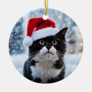 Svart och vit kattjul julgransprydnad keramik