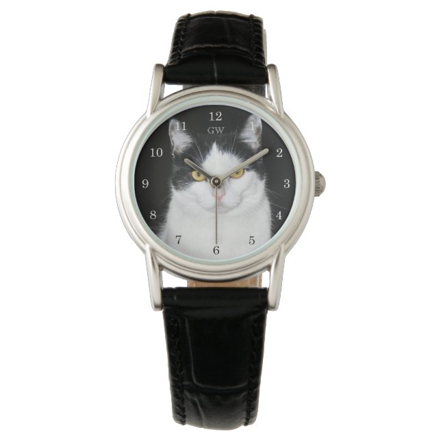 Svart och vit kattporträtt armbandsur (Framsida)