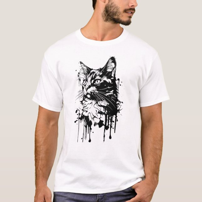 Svart och vit kattstänk  t shirt (Framsida)